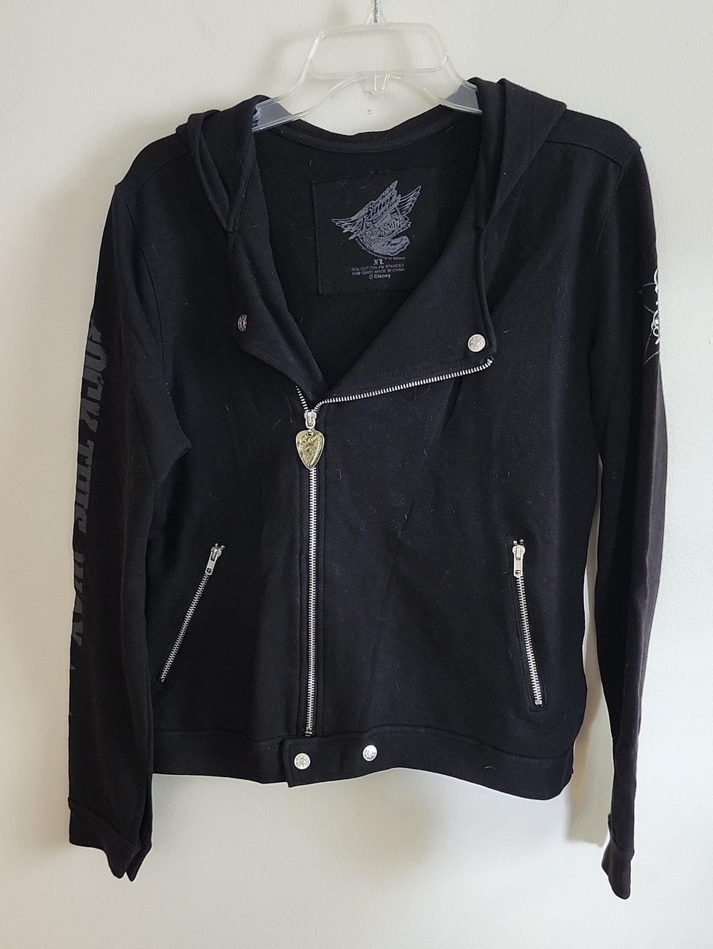 Disney Black Hooded Bomber-Style Sweatshirt Jacket Silver Pic Zip Aerosmith Ride